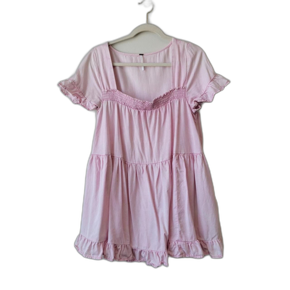 Free People Pink Babydoll Mini Dress Ruffle Smocked Pockets Size M